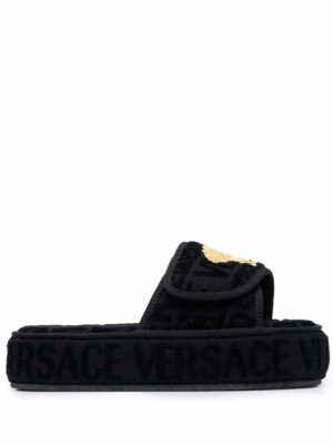 Versace embossed logo platform slides - Black