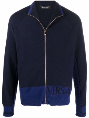 Versace logo-jacquard zipped cardigan - Blue