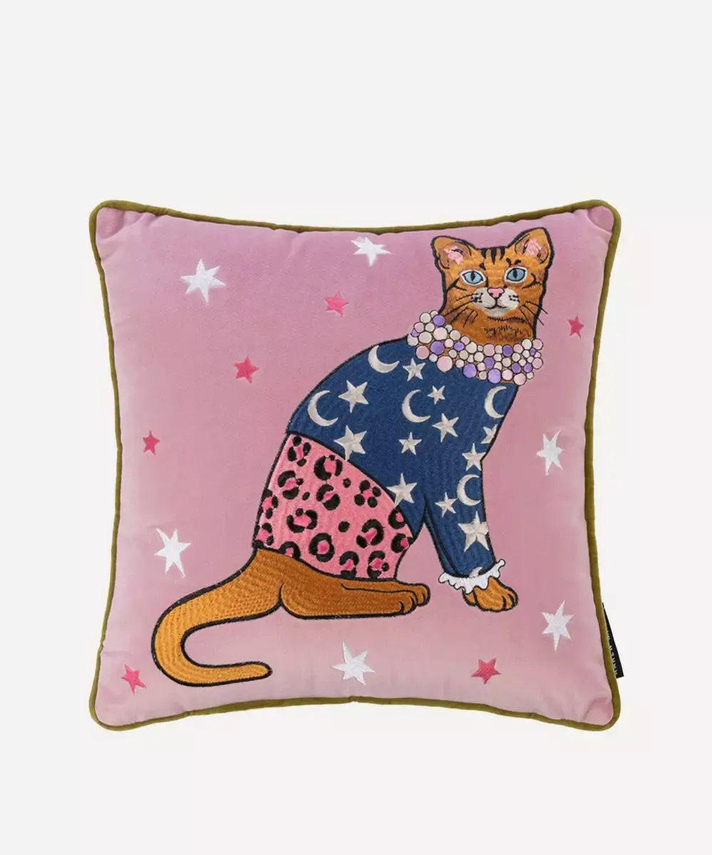 KAREN MABON Moon and Stars Embroidered Cat Cushion £115.00