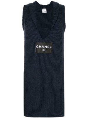 Chanel Pre-Owned 2008 logo-patch ribbed knit dress - Blue