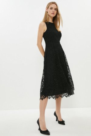 Coast Belted Lace Full Skirt Midi Dress -, Black