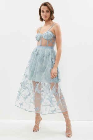 Coast Butterfly Embroidered Bustier Midi Dress -, Pale Blue