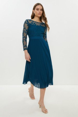 Coast Embroidered Long Sleeve Midi Dress -, Blue