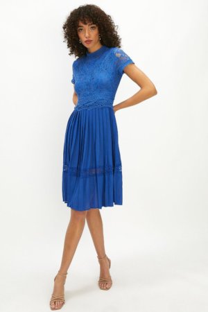 Coast Lace Bodice Pleat Skirt Midi Dress -, Blue