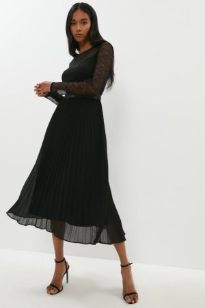Coast Lace Long Sleeve Pleated Chiffon Midi Dress -, Black
