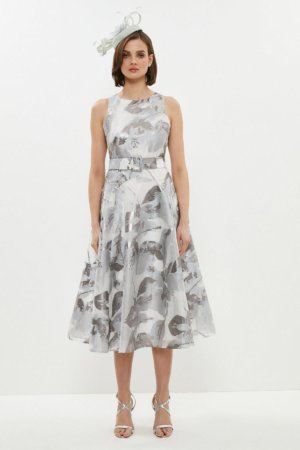 Coast Metallic Floral Jacquard Belted Midi Dress -, Grey