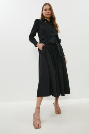 Coast Placed Cutwork Midi Cotton Shirt Dress -, Black