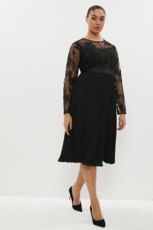 Coast Plus Size Embroidered Pleated Skirt Midi Dress -, Black