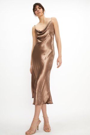 Coast Satin Cowl Neck Midi Dress -, Bronze