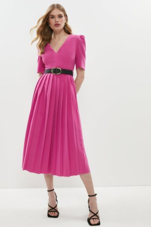 Coast V Neck Pleat Skirt Midi Dress -, Pink