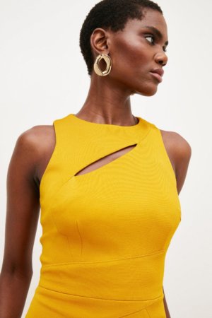 Karen Millen Italian Structured Jersey Cut Out Pencil Dress -, Yellow