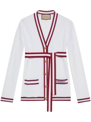 Gucci contrast-trim belted cardigan - White