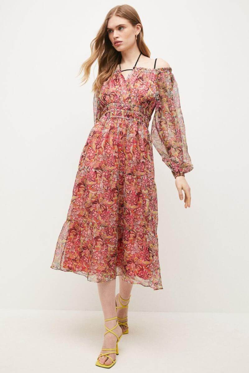 high street summer pieces Karen Millen 70’s Paisley Bardot Woven Midi Dress -, Pink