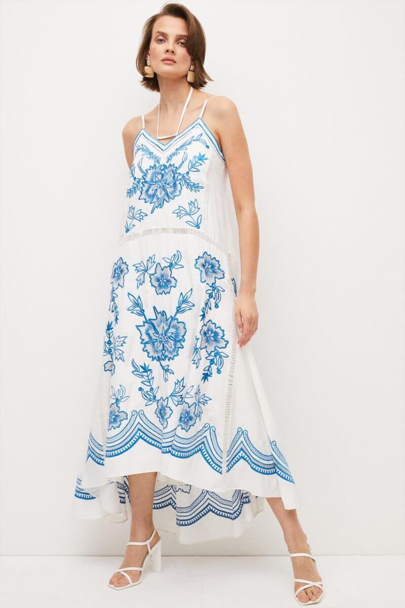 highstret summer pieces Karen Millen Embroidered Ladder Trim Strappy Midi Dress -, Blu