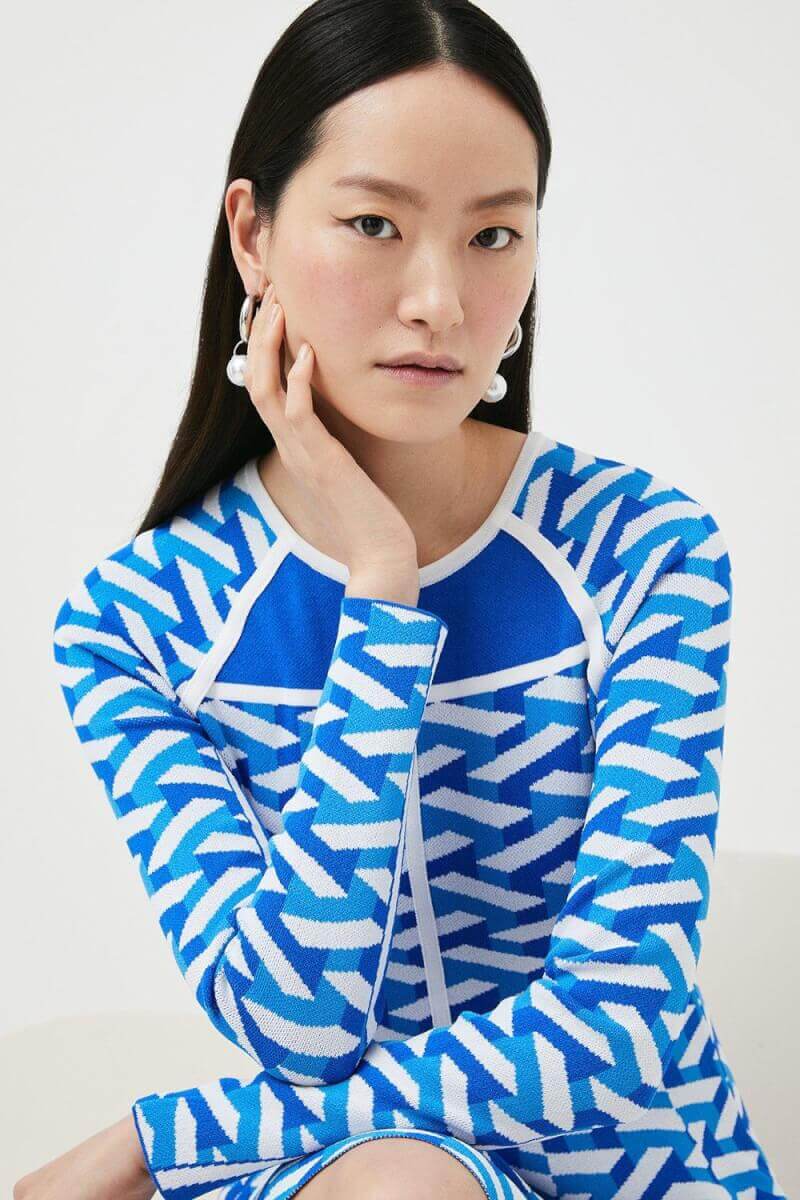 Karen Millen |Geo Jacquard Knit Skater Mini Dress -, Blue | £93.00 (sale price)