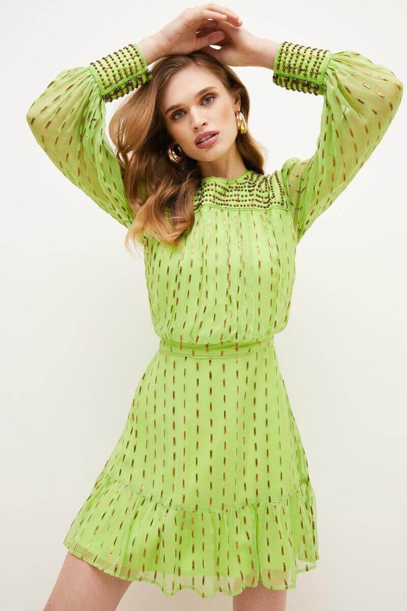 Karen Millen | Metallic Beaded Woven Mini Dress -, Green | £111.20 (sale price)