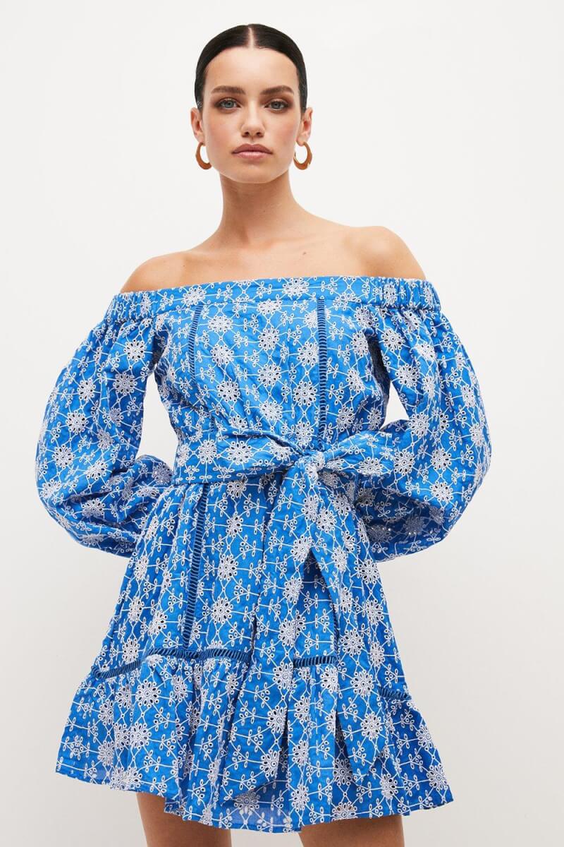 summer pieces Karen Millen Petite Contrast Cotton Broderie Bardot Mini Dress -, Blue