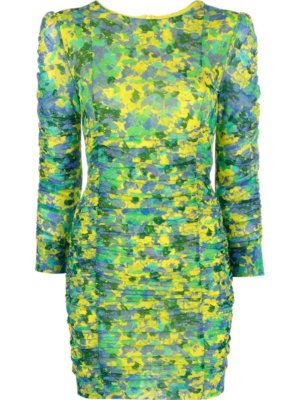 GANNI floral-print ruched mesh dress - Green