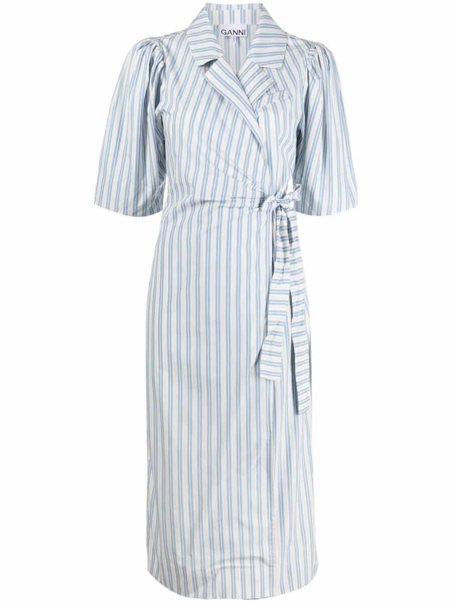 GANNI striped wrap midi dress – White £230.00