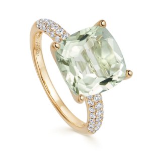 Kiki Cushion 18ct Yellow Gold, Tapered Diamond Shoulders & Green Amethyst Ring - Ring Size L
