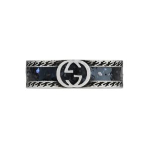 Silver & Black Enamel Interlocking G Ring - Ring Size R