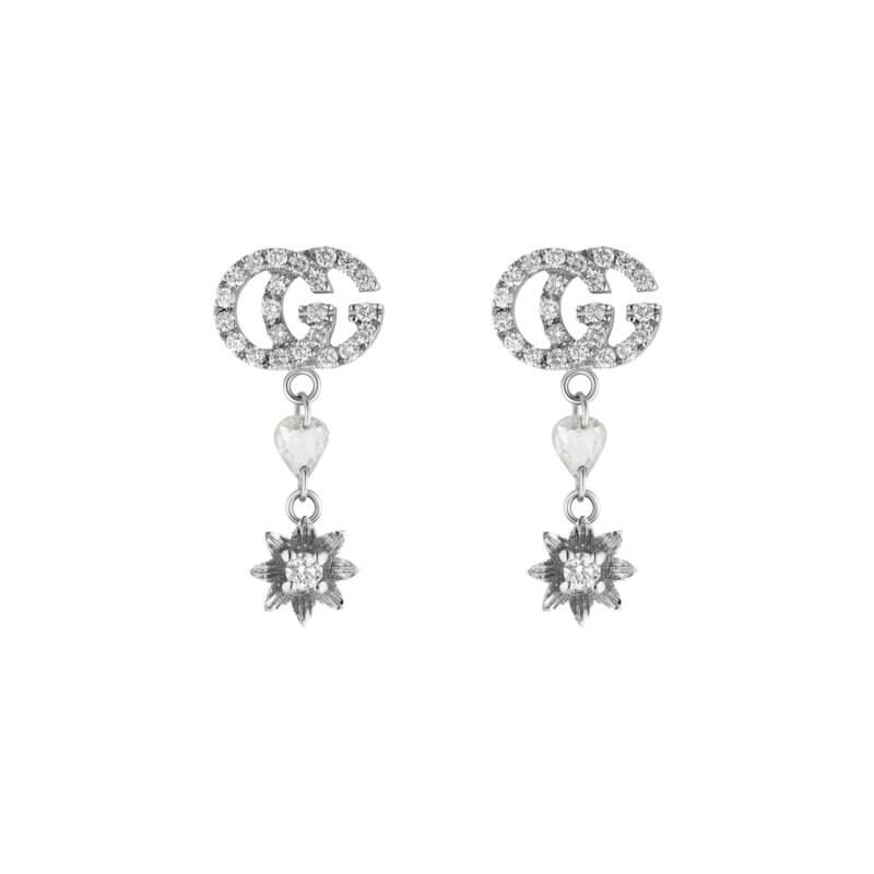18ct White Gold Flower and Double G Diamond Drop Earrings