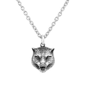 Anger Forest Feline Head Dark Finish Silver Necklace