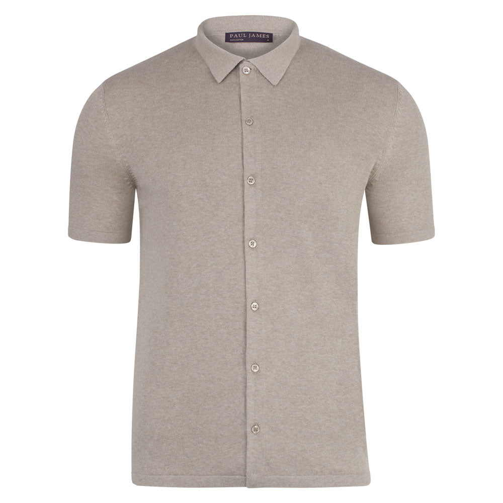 Paul James Knitwear - Mens 100% Cotton Short Sleeve Marshall Shirt - Fawn