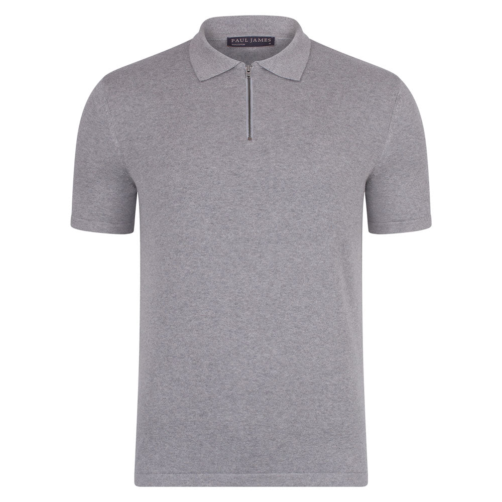 Paul James Knitwear - Mens Lightweight 100% Cotton Short Sleeve Zip Neck Lewis Polo Shirt - Ash Grey