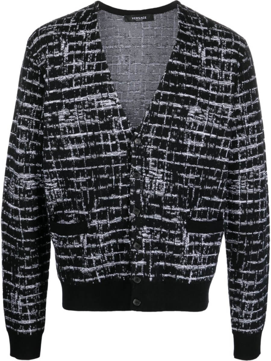 Versace check-print knitted cardigan - Black