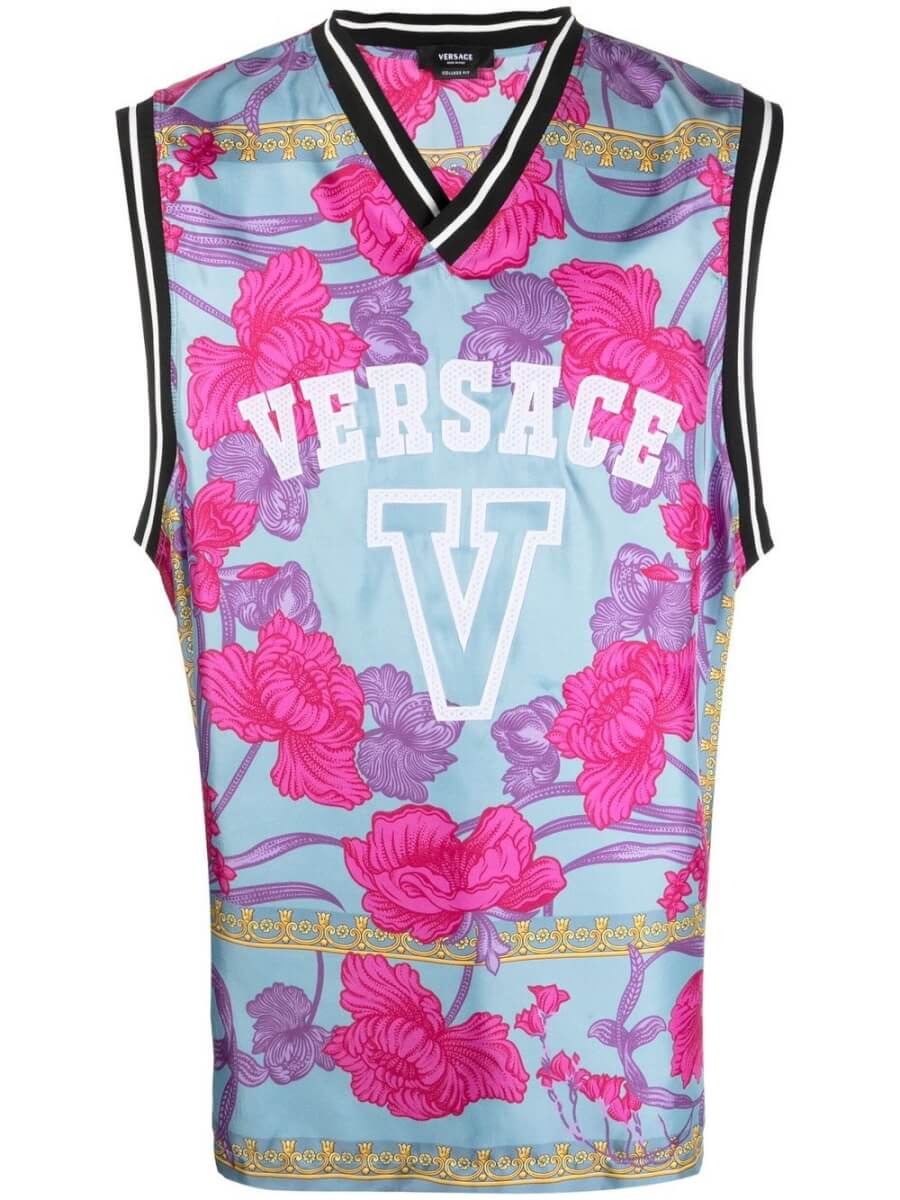 Versace floral-print logo vest top - Blue