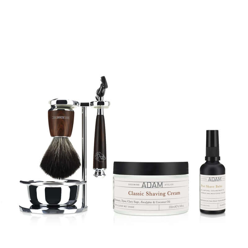 ADAM Grooming Atelier Shaving Set | 3 Grooming Essentials Featuring Badger Hair Brush, Safety Razor & Post Shave Balm