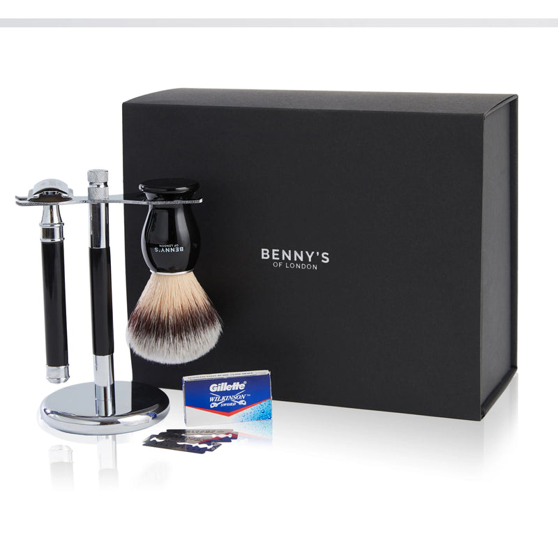 Benny's of London The Starter Shaving Set | Set of 4 Grooming Essentials - Shaving Brush, Shaving Stand, Safety Razor & Blades