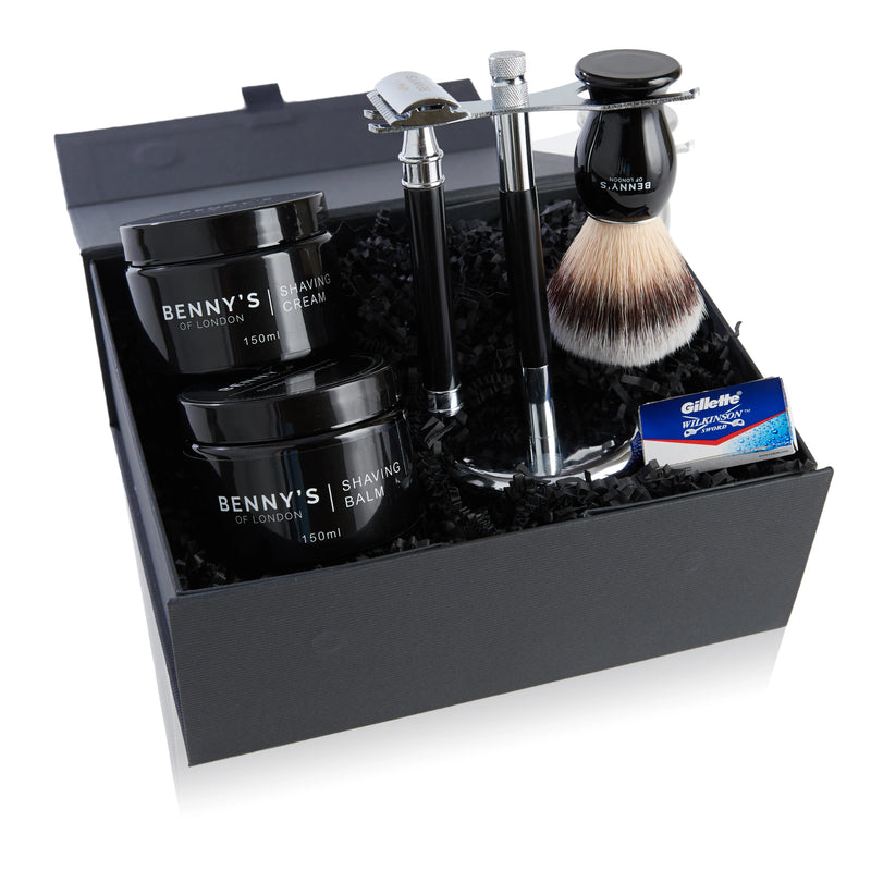 Benny's of London The Ultimate Shaving Set | 4-Piece Grooming Selection Featuring Shaving Balm, Shaving Cream, Shaving Brush, Safety Razor & Stand
