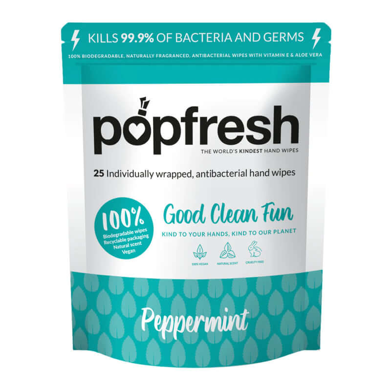 Popfresh Peppermint Hand Wipes (25 Pack) | Antibacterial + Biodegradable with Vitamin E + Aloe Vera
