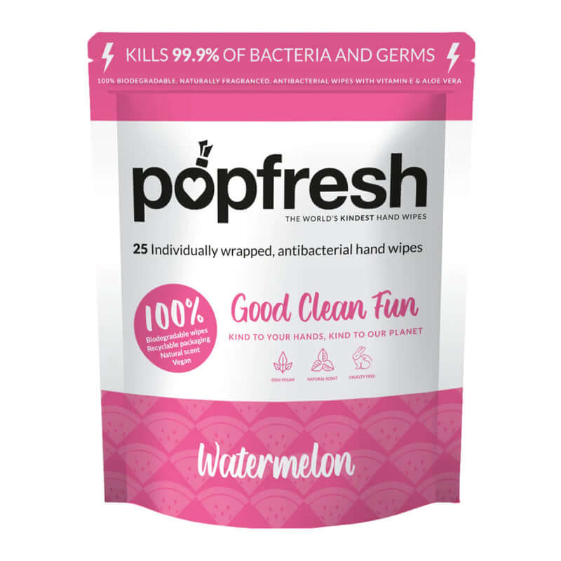 Popfresh Watermelon Hand Wipes (25 Pack) | Antibacterial + Biodegradable with Vitamin E + Aloe Vera