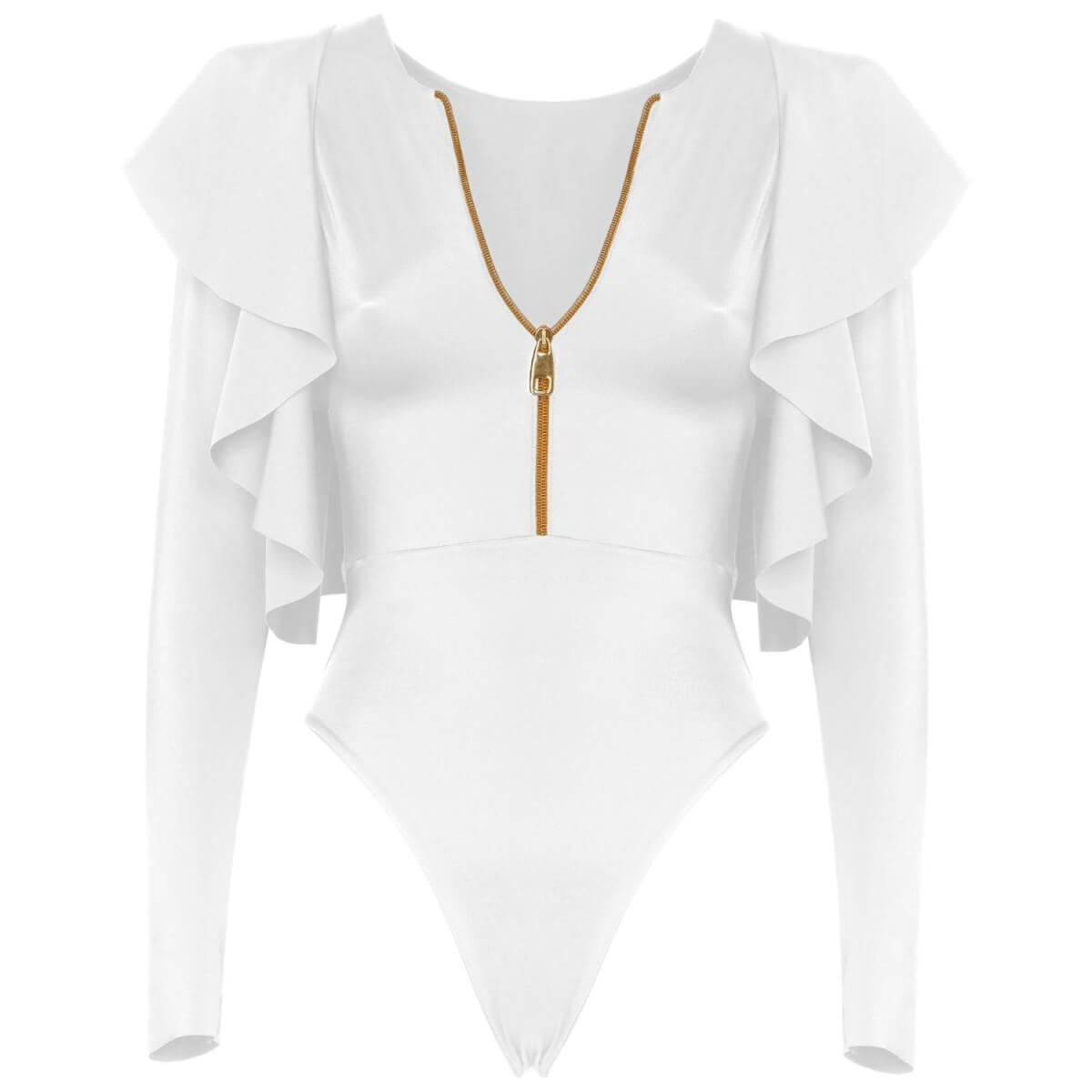ANTONINIAS - Gossammer One-Piece Swimwear With Long Sleeves And Ruffles In White
