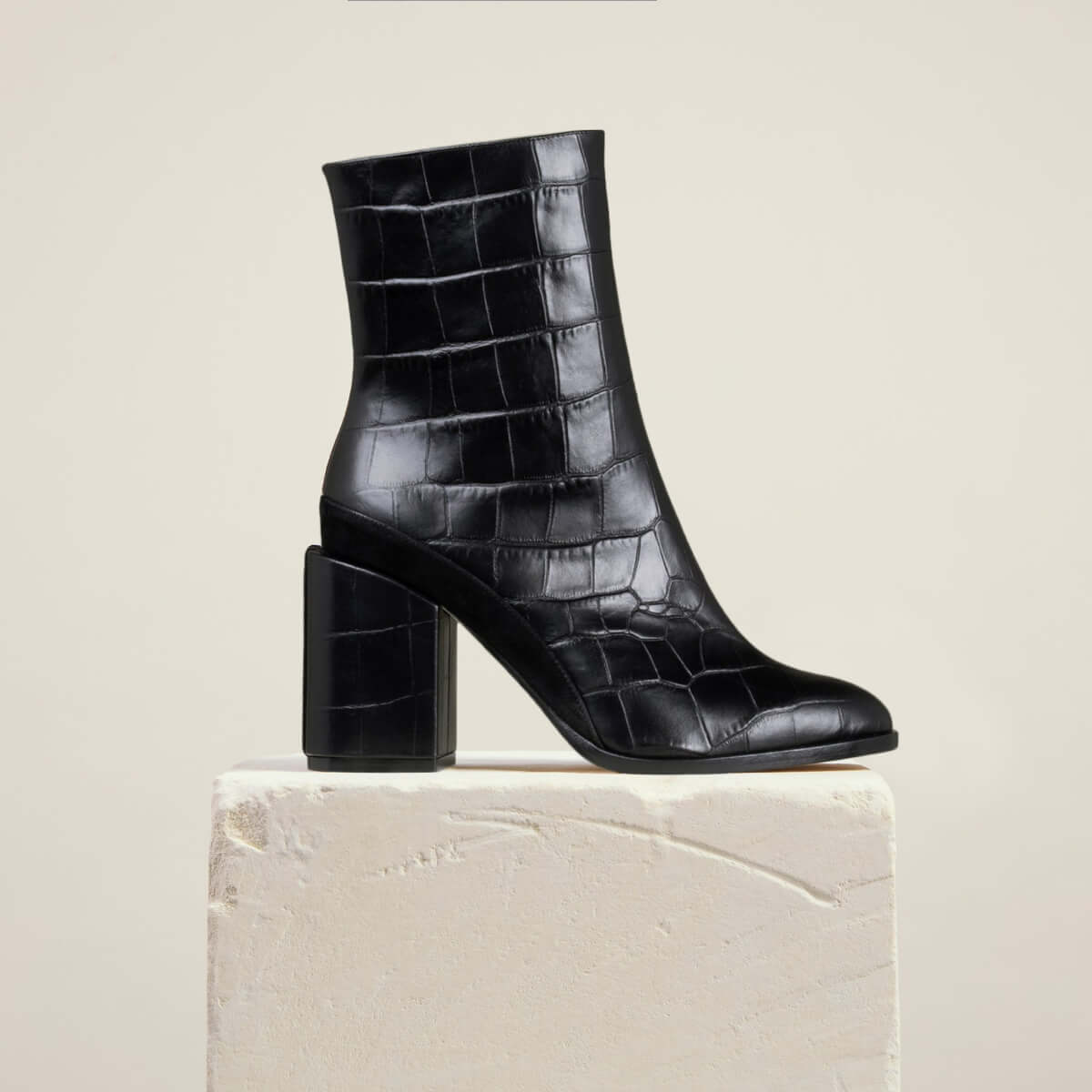 Dear Frances – Black Croc Print Leather Block Heeled Ankle Boots