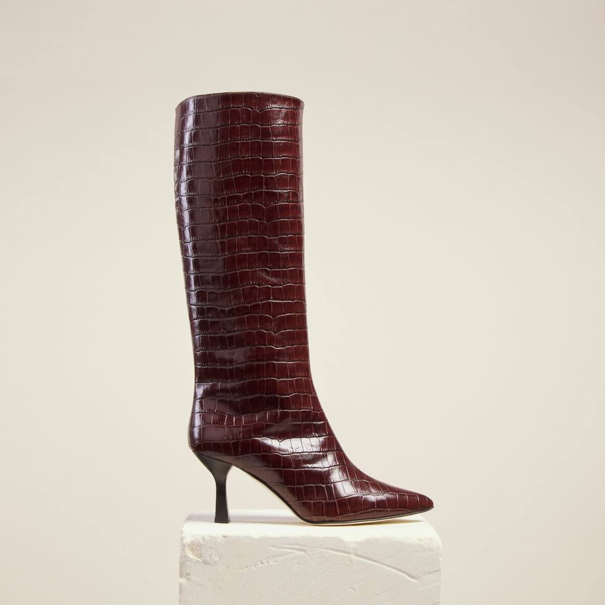 Dear Frances – Brown Croc Leather Pull On Pointed Toe Knee High Boots £795.00