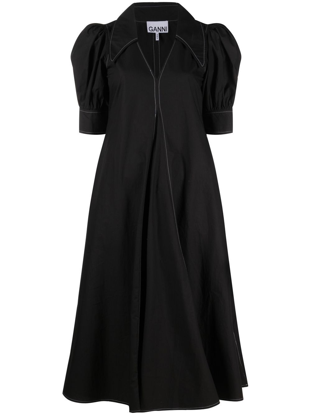 GANNI puff-sleeved box-pleat dress - Black