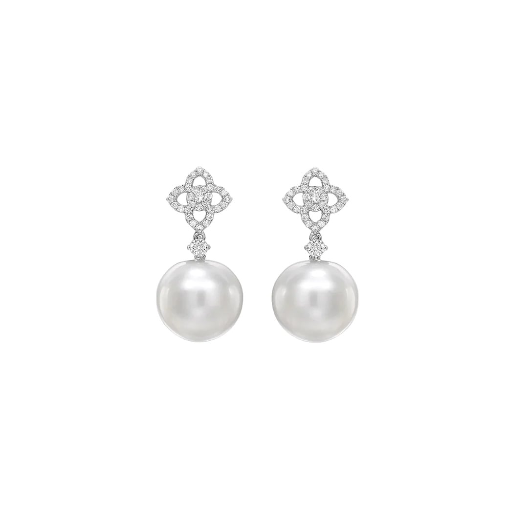 18ct White Gold 0.30ct Diamond Flower & Pearl Drop Earrings
