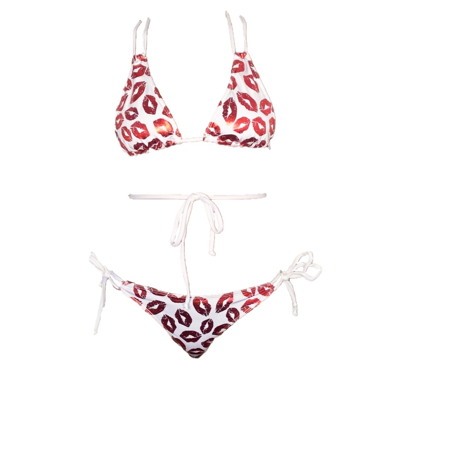 Brasini Swimwear - Kisses Print Tie Side Bikini - White with Metallic Red Lips Print