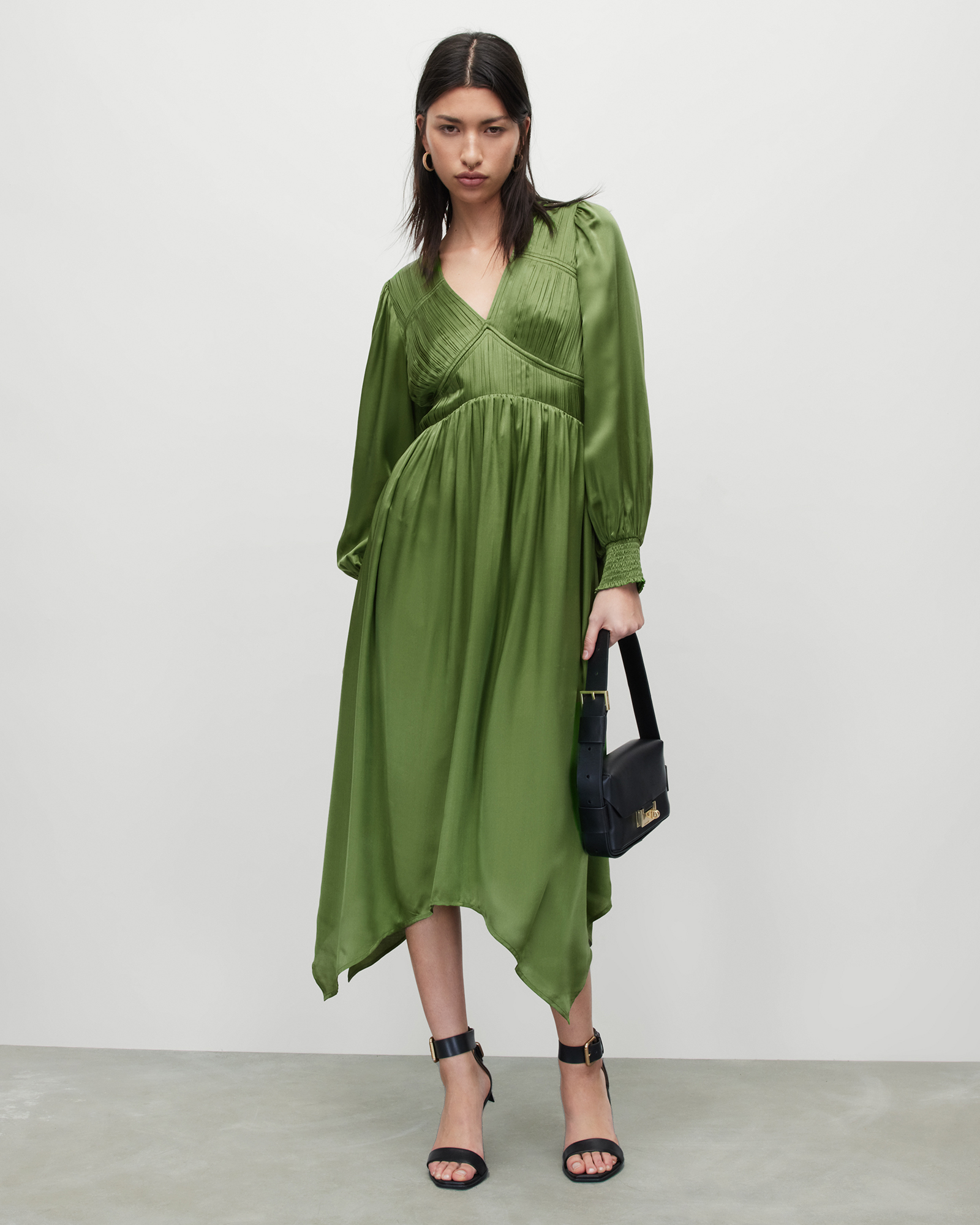AllSaints Estelle Silk Blend Asymmetric Midi Dress