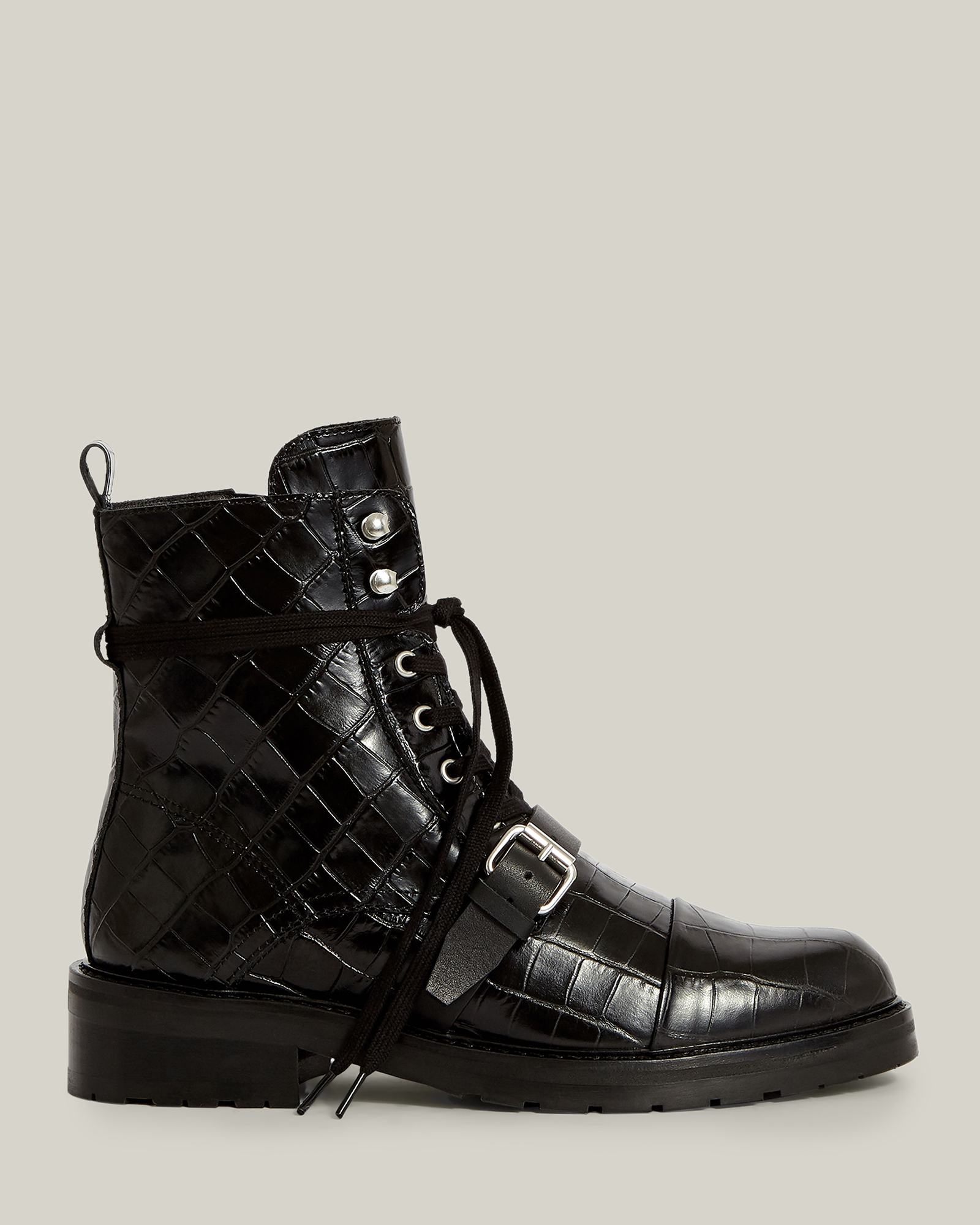 AllSaints Women's Leather Crocodile Print Round Toe Donita Boots, Black, Size: UK 3/US 5/EU 36