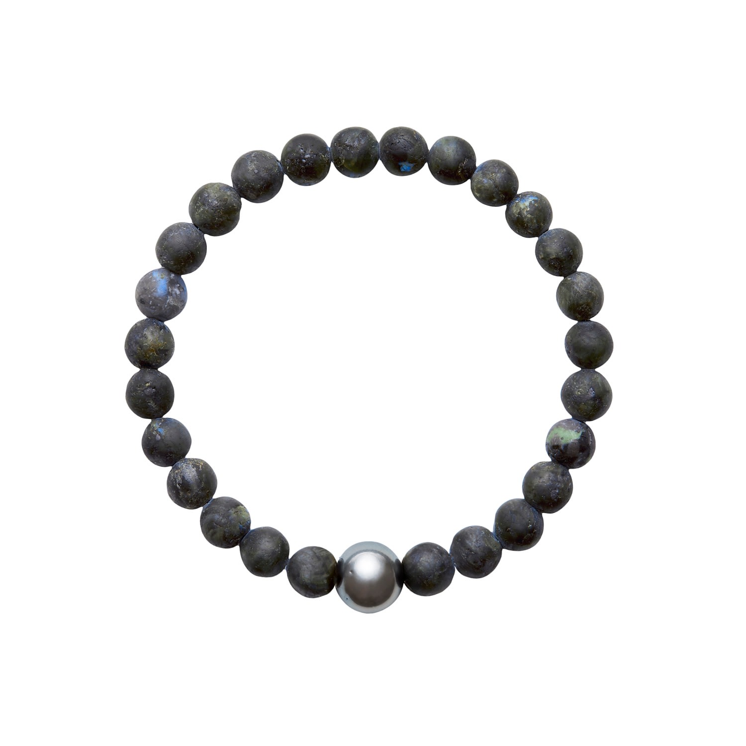Black / Blue / Grey Aro Men's Tahitian Pearl & Larvikite Bracelet - Large ORA Pearls