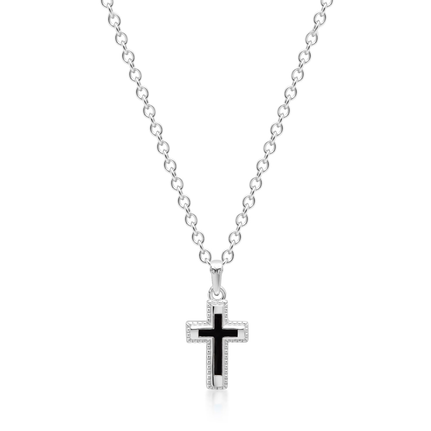 Black / Silver Men's Sterling Silver Mini Cross Necklace With Black Enamel Nialaya Jewelry