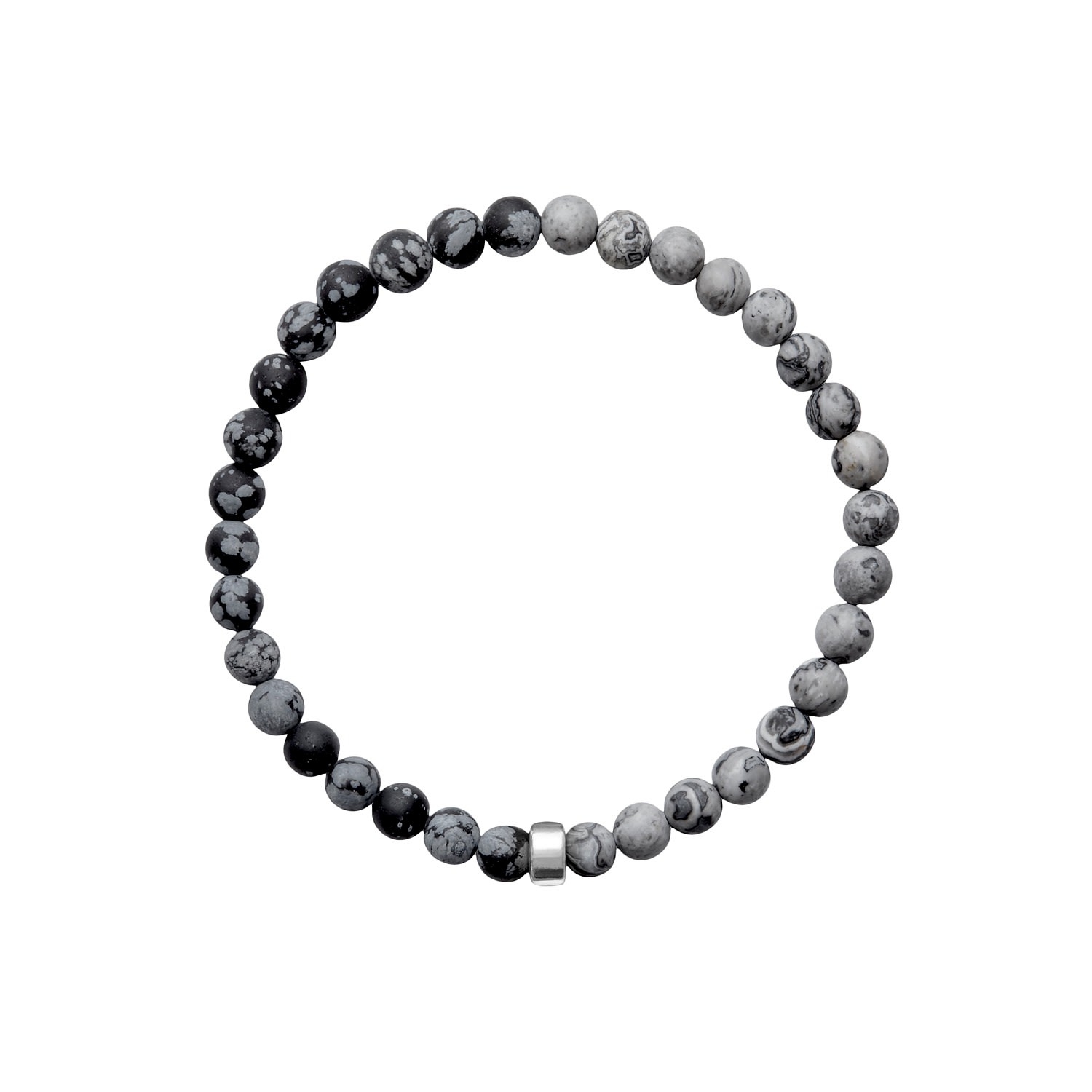 Black / White / Grey Aro Men's Snowflake Obsidian & Map Jasper Bracelet Silver Bead ORA Pearls