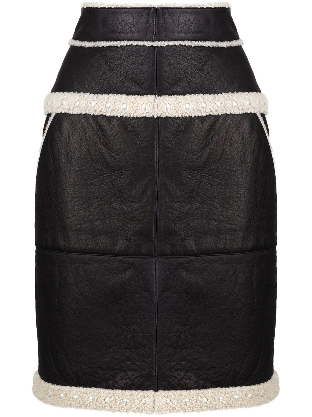 CHANEL Pre-Owned shearling-trimmed leather skirt - Black