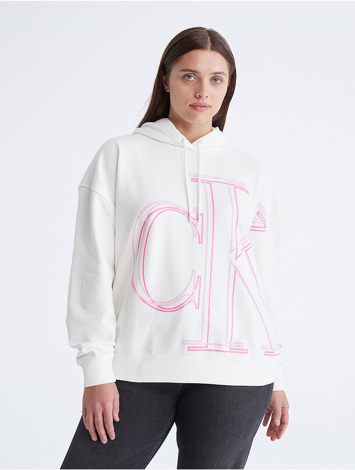 Calvin Klein Women's Plus Size Boyfriend Fit Monogram Logo Hoodie - White - 2XL