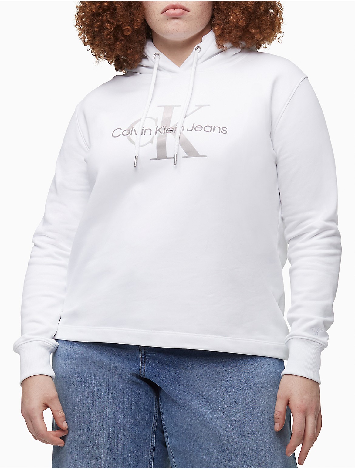 Calvin Klein Women's Plus Size Metallic Monogram Logo Hoodie - White - 2XL